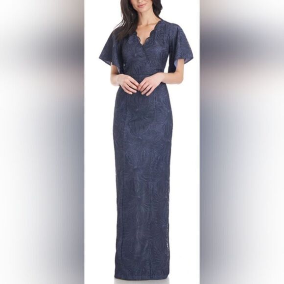 JS COLLECTIONS Drina V-Neck Column Gown NWOT size 8 Navy Blue - Picture 1 of 6